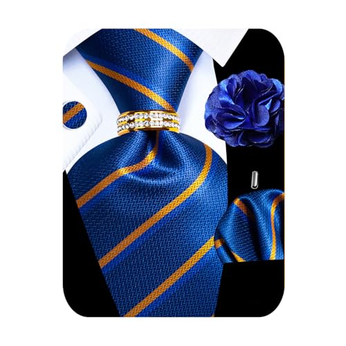 Image of 5PCS Mens Premium Silk Tie, Pocket Square, Cufflinks, Drilled Tie Ring and Lapel Pin Set for Wedding Groom Party