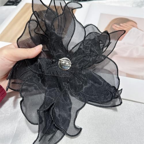 Image of Exaggerated Organza Fabric Flower Brooch Pin for Women Girls Fashion Dainty Layered Big Beaded Corsage Boutonniere Brooches Lapel Pins Delicate Wedding Birthday Holiday Dress Accessories Jewelry Gift