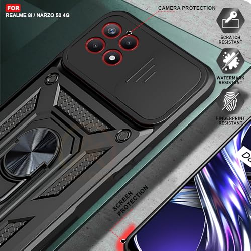 Image of Armor Bumper Back Cover Case for Realme 8i / Narzo 50 4G Rotating Camera Cover, Ring Holder & Kickstand | Heavy Duty & 360 Degree Protection Realme 8i / Narzo 50 4G Back Cover (Black)