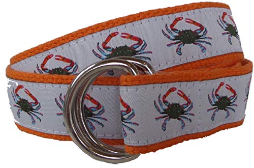 Mens Nautical Crab D-Ring Style Belt, Ribbon Belt, Webbing Belt, Nautical Blue Crab Belt
