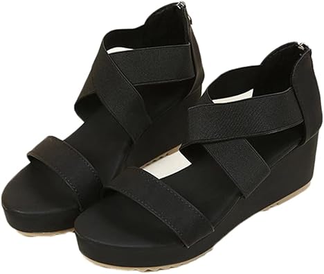 JUIN Gladiator Black Sandals, Womens Strap, Sandals, Wedge Sole, 2.6 inches 6.5 cm, Heel 10.2 inches 26.0 cm, Large Size, Small Size, Strap Sandals, Back Zipper, Back Zipper, Cross Belt, Thick Sole, Wedge Sandals, Easy to Walk