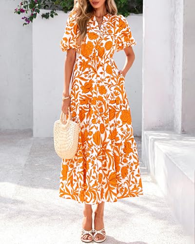 dowerme Womens Summer Dresses 2025 Casual Puff Short Sleeve V Neck Floral Boho Tiered Ruffle Maxi Dress with Pockets2