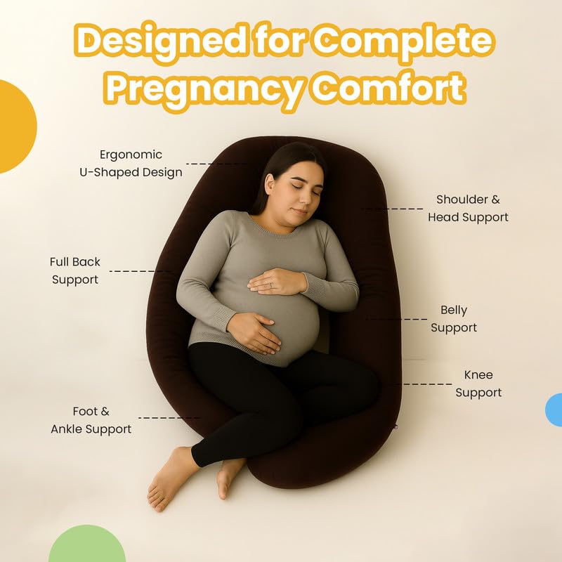 Image of Pregnancy Pillow for Women | Maternity Pillow for Pregnant Women & Newborn Feeding | Full Body Support for Back, Hips, Legs & Belly | Ergonomic Design | Polycotton Cover | Dark Brown