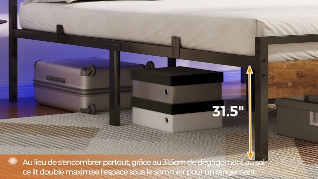 DICTAC Lit Double 140x190 Métal Avec Tête LED USB Prise - Cadre Lit Rangement Marron Vintage Noir