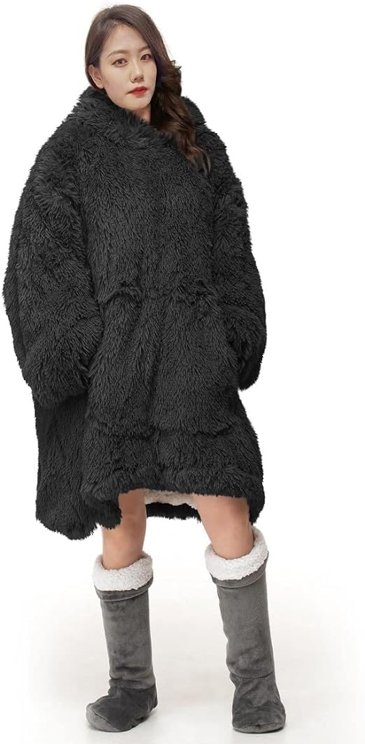 Oversized Wearable Blanket Hoodie, Teddy Fleece Fluffy Sherpa, Printed Hooded Sweatshirt Blanket Pullover, Giant Hooded (Cuddles Black)