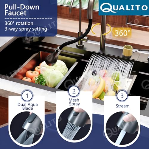 Image of TrueSink 24x18 Multifunction Sink | Waterfall and 3 Type Water Outlet Pull Out Faucet Waterfall Kitchen Sink | Anti Scratch Honey Comb Design Smart Sink with Automatic Cup Washer