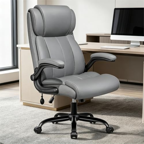 Image of Ergonomic Office Chair, High Back Leather Executive Desk Chair | Inflatable Lumbar Support, Padded Arms for Elbow Comfort, Heavy-Duty Rocking Chair for All-Day Sitting, Plush Wide Seat, Gray