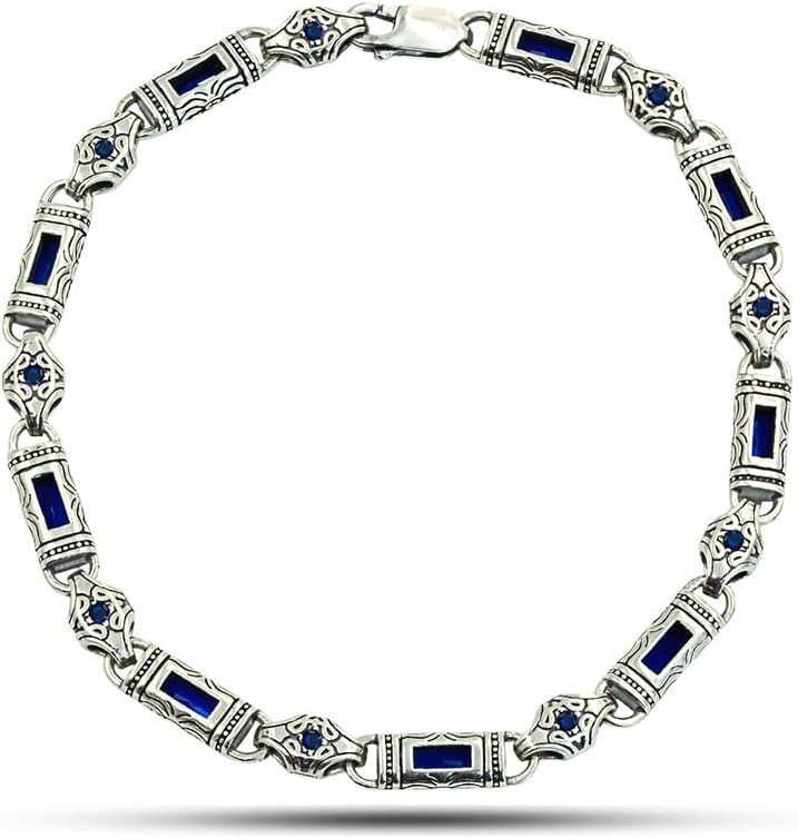 Blue Sapphire Gemstone Byzantium Handmade 925k Silver Chain Link Men Bracelet