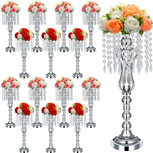 Didaey 16 Pcs Wedding Centerpieces for Tables, Gold Silver Vase Centerpiece with Chandelier Crystal Metal Flower Stand, Tall Flower Vases for Wedding Party Home Decoration(Silver,21.3”)