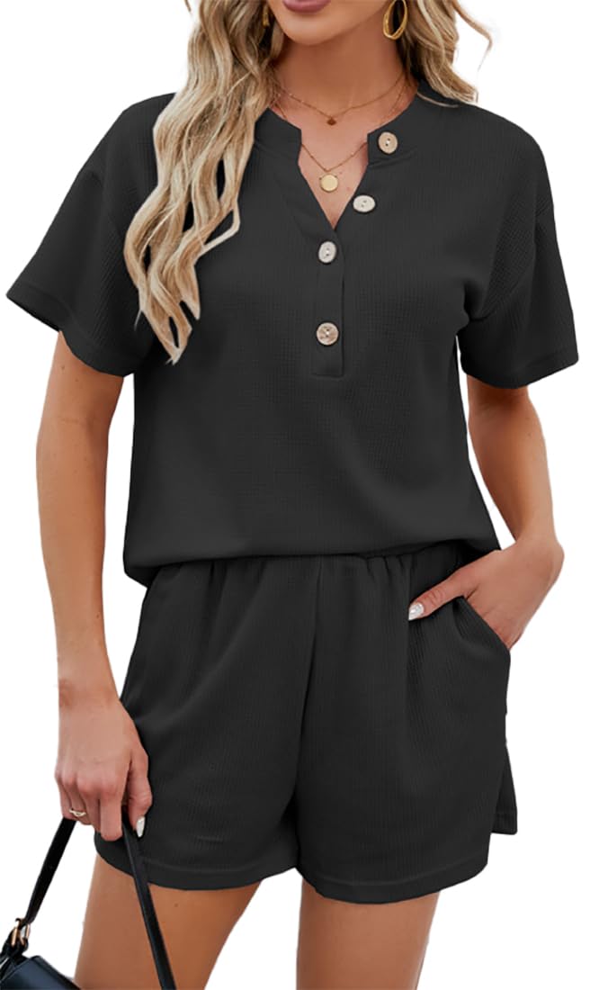 OLIPHEE Mujer Conjunto Waffle Dos Piezas Pantalones Cortos y Top Camisa Con Botones Traje de Punto Conjunto de Pijama Casual Moda Color Sólido