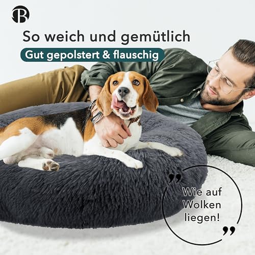 bluzelle Hundebett Große Hunde, 100cm Hundekissen Rund Donut Kissen Hundekorb Flauschig Plüsch, Ergonomisch Bezug Waschbar rutschfest Weich Kuschelig Kunstfell, Farbe:Dunkel-Grau