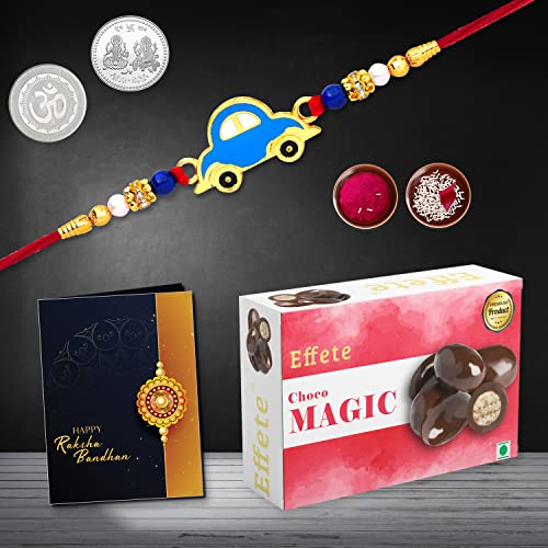 Image of DeoDap Multicolor Car Shaped Rakhi Bracelet Magic with Choco Magic 32gm, Silver Pooja Coin, Tilak Set, Greeting Card - Rakhi Gift for Brother