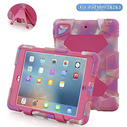 ACEGUARDER Apple Ipad Mini 2 Mini 1&2 Case Waterproof Rainproof Shockproof Kids Proof Case for Ipad Mini 2 Mini 1&2(Gifts Outdoor Carabiner + Whistle + Handwritten Touch Pen)(PINK CAMO ROSE)