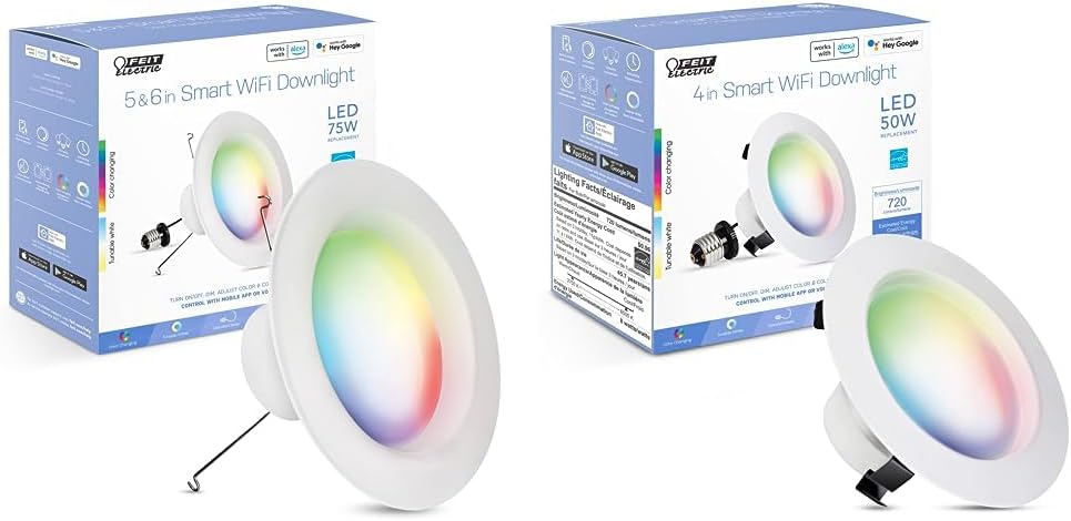 Feit Electric Smart 6 Inch Recessed Light, Compatible with Alexa or Google Assistant, 75W Equiv & 4 Inch Smart Recessed Light, Color Changing and Tunable White, 2.4GHz WiFi