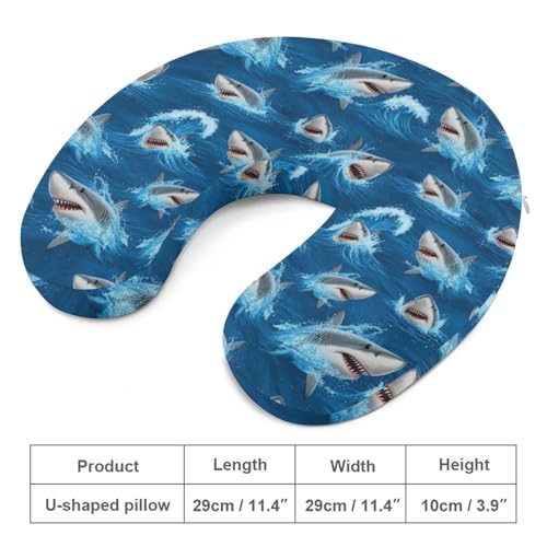 Image of Travel Neck Pillow Memory Foam Chin Cushion Ocean Sea Shark, Washable Cover for Men Women Youth Airplane Car Pain Relief