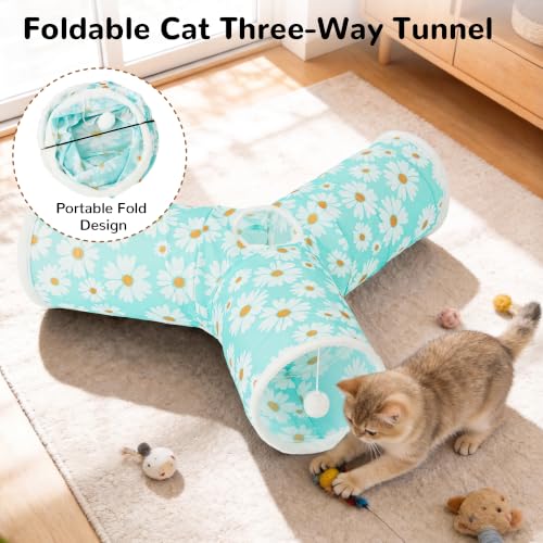Image of Tempcore Cat Tunnel, 3-Way Collapsible Toy, Large Size Daisy Blue Printed | Large Size 3-Way Cat Tunnel Provides More Room for Cats to Run, Hide and Chase, with Peek Holes, Hanging Ball and Teaser Wand