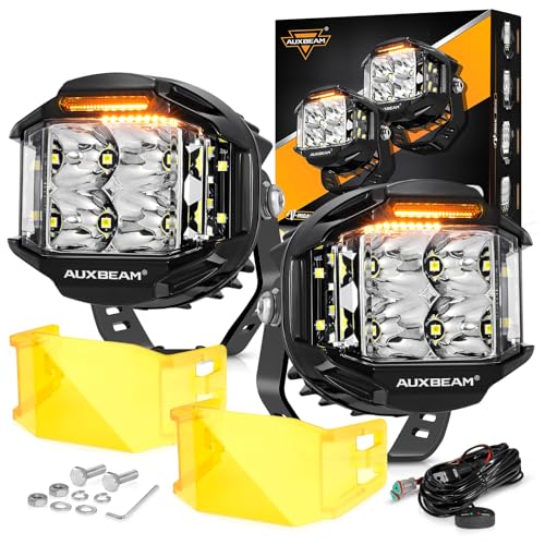 Auxbeam V-MAX Series 4in 92W Round LED Pods with Amber Covers, Side Shooter LED Offroad Driving Light with DRL, 270° Combo Beam Pattern Universal Auxiliary Light for Truck ATV Wrangler Ford Pickup