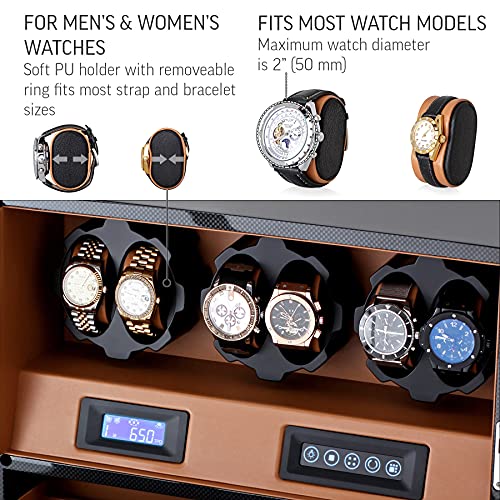 6 Watch Winder With Jewelry Storage Drawer, Lcd Display, Touch Control And Interior Backlight (Carbon + Brown) #TOP3