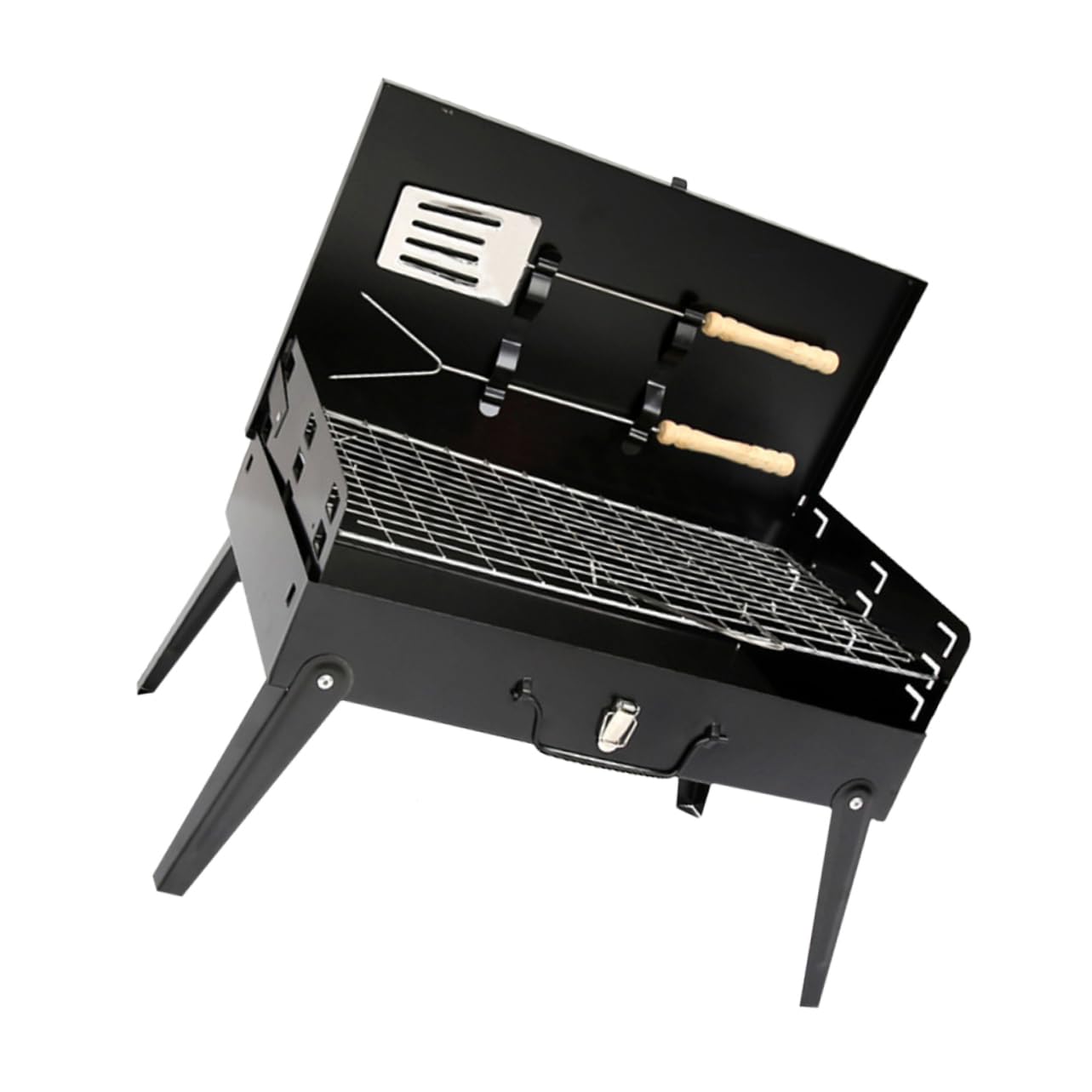 YARNOW Tragbarer Camping Grill aus Eisen mit Fein Polierten Kanten und Klappbarem Design Stabiler Grillherd für Außenbereich Inklusive 2 Praktischer Grillbesteck Zubehörteile