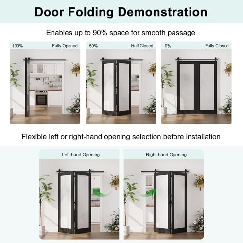 Image of 56 inchx80 inch 1-Lite Frosted Glass Bifold Barn Door Slab and 64 inch Track Kit, Black
