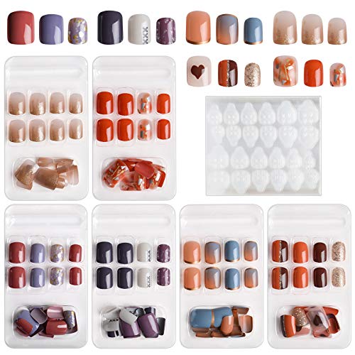 Kalolary 144pcs Uñas postizas cortas, Uñas postizas brillantes con degradado Uñas artificiales de cobertura total con 6 Hojas de Adhesivo de Pegamento de Uñas Para decoración de uñas - B