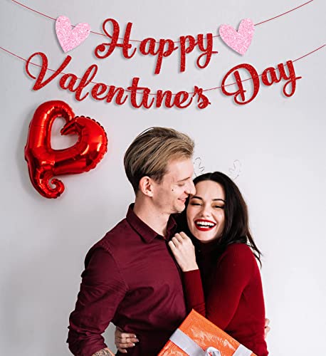 Image of Festiko Kid Red Glittery Happy Valentine's Day Banner and Red Pink Glittery Hearts Banner Valentine's Day Banner Garland with Heart Signs Valentines Day Party Decorations for Valentines Party Supplies