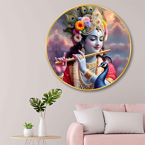Image of SAF Shri Krishna with Peacock & Flute Wall Painting - Divine Spiritual Art in Round Golden Frame | Colorful Krishna Artwork for Home, Living Room, Pooja Room & Gift (16 X 16 Inch) GRM-296