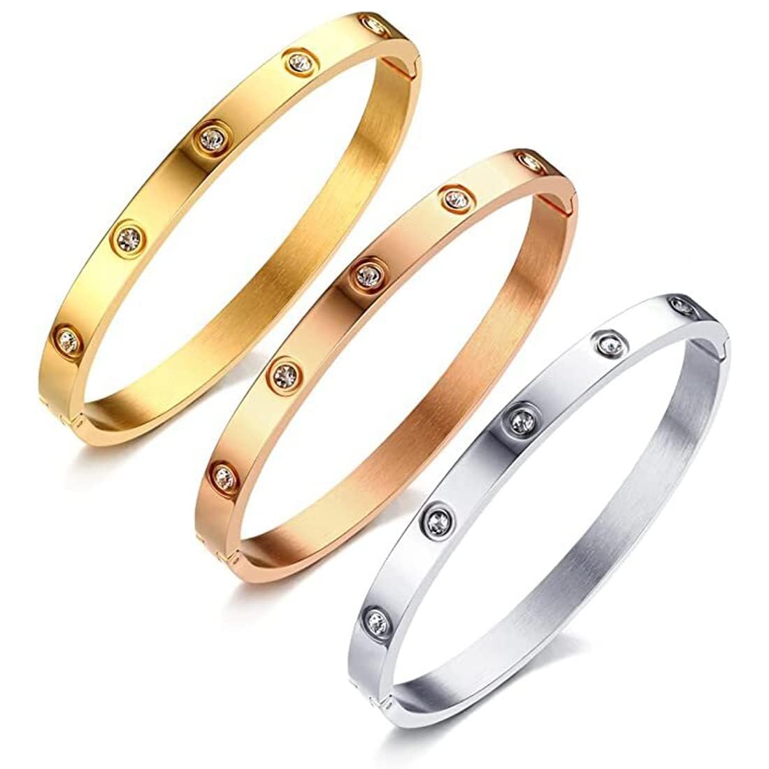 Shining Diva Fashion18K Gold Plated Stainless Steel Openable Crystal Bracelet | Cuff Bangle | Friendship Couple Wedding Gifts for Mother Sister Wife Girlfriend | Anti Tarnish Jewellery