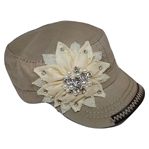 Olive & Pique Womens Bling Rhinestone Black Flower Military Cadet Hat (One Size, Khaki) Cover
