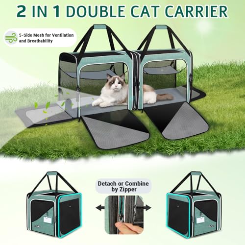 2 in 1 Double Cat Car Travel Carrier with Litter Box, Green | 38"Lx17"Wx18"H, With Lockable Zippers, Dual Extra Large, Portable, For Longer Road Trips, For Several Cats - Image 7