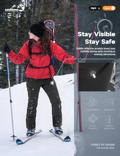 Image of Moosehill Women's Hiking Pants Winter: 5 Zipper Pockets Water Resistant | Fleece Lined 4-Way-Stretch Insulated Softshell with Elastic Waistband for Outdoor Ski and Snowboard