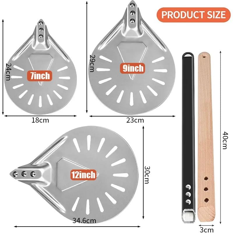 Pala Pizza Pala giratoria for pizza redonda de 7/9/12 pulgadas, aluminio perforado, con mango largo, accesorios for horno(12 inch Metal Handle)