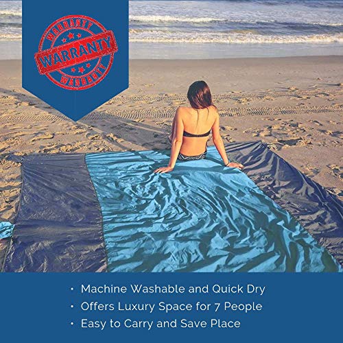 pys Beach Blanket - Oversized 10’x 9’ Sand Proof Compact Lightweight Portable Large Waterproof Parachute Nylon Beach Mat, Includes 4 Metal Stakes