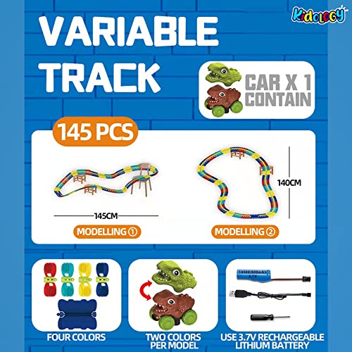 Image of Kidology Dinosaur Car Race Tracks Toy for Kids | Color-Variable Race Track Toy with Light Flexible Track | Flexible Track Creative Gravity Free Racer Track Sets for Kids, Construction Toy (135 pc)