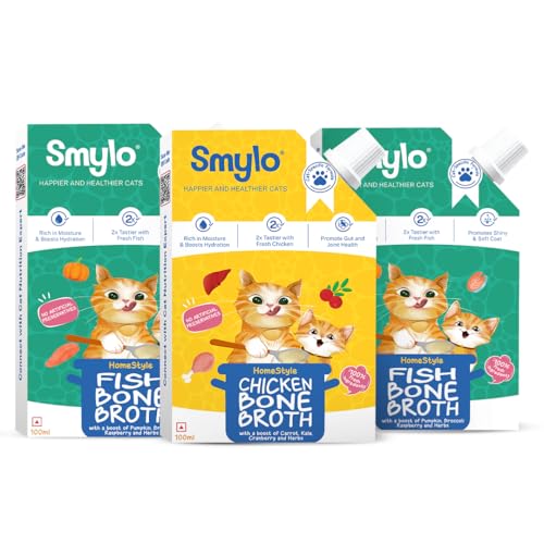 Image of Smylo Summer Cooler, Hydration Rich Fish & Cḩicken Bone Broth for Cats (2+1 Combo) | Rich in Collagen for Bones & Joints Health| Omega 3 & 6 for Shiny Fur & Coat | Cat Food Topper and Cat Supplements