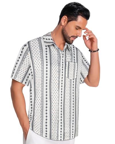 Hawaiian Shirt for Men Short Sleeve Floral Button Down Tops Summer Beach Outfit with Pocket(White Black Stripet, M) — view 4