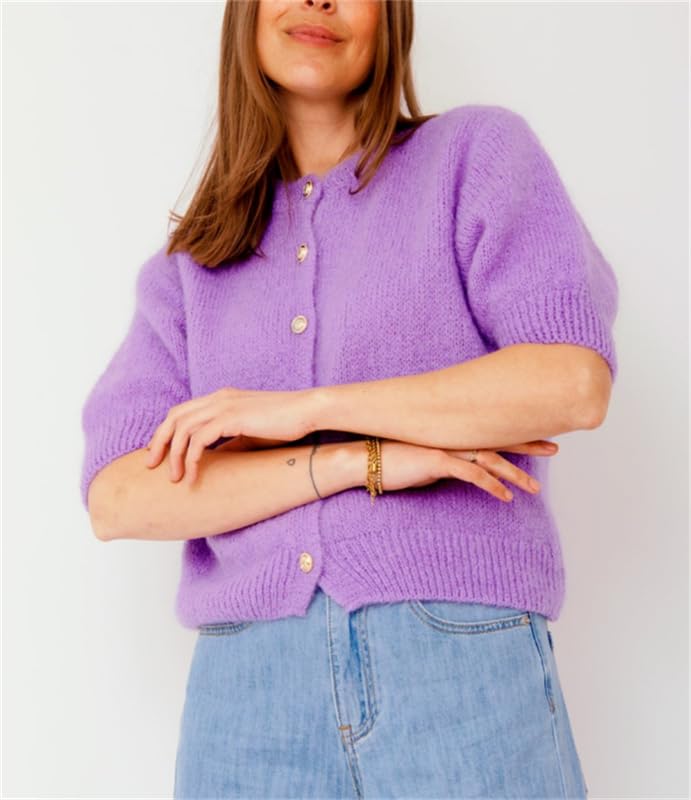 Image of Women Knitted Crop Cardigan Shirt Short Sleeve Button Down Ribbed Knit Crop Top Y2k Girls Outwear Top Tee Shirt