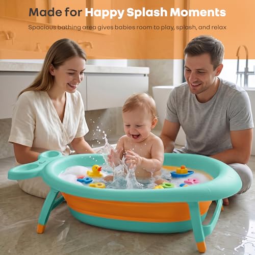 Image of R for Rabbit Bubble Double Finzy Baby Bath Tub Foldable for Kids 9 Months-3 Years | Womb Cocoon Bathtub Design | Anti-Skid Base | Quick Drain Plug | Space Saving Pool Bather with Tray (Green Orange)