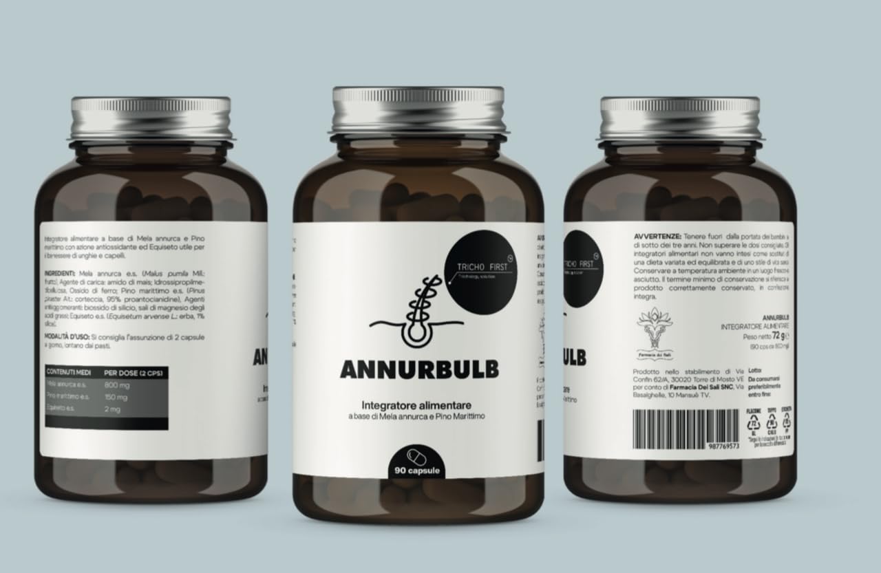 ANNURBULB - Integratore Capelli a base di MELA ANNURCA CAMPANA, PINO MARITTIMO, EQUISETO contro la Caduta dei Capelli- Formato da 90 CAPSULE - UOMO - DONNA