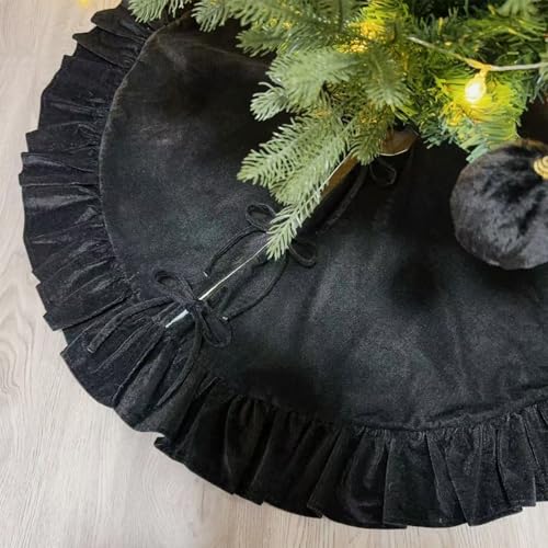 Amidaky Velvet Christmas Tree Skirt Black 48 inch Ruffled Holiday Tree Skirt for Rustic Xmas Tree Decoration