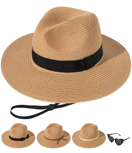Senker Fashion Sun Hats For Women Straw Panama Hat Wide Brim Fedora Beach Hat Packable Uv Upf 50+ Summer Hat Khaki