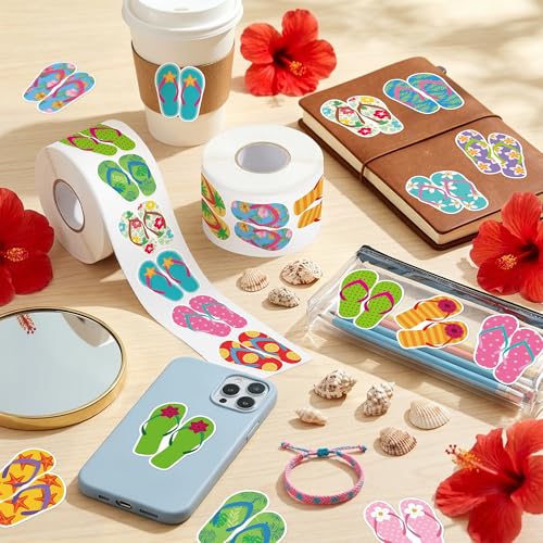 Image of Summer Flip Flop Sticker - 2 Roll Waterproof Vinyl Residue Free Removal Self-Adhesive Sandal Decals with Vibrant Color for Laptop Water Bottle Scrapbook Suitcase Party Favor Craft Supplies