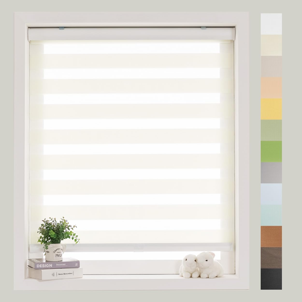 FoiresoftStandard Cordless Custom Zebra Roller Shades and Blinds [Basic, Ivory, W 34 x H 64 inch] Dual Layer Sheer for Day and Night Light Control Privacy, 20 to 105 in Height