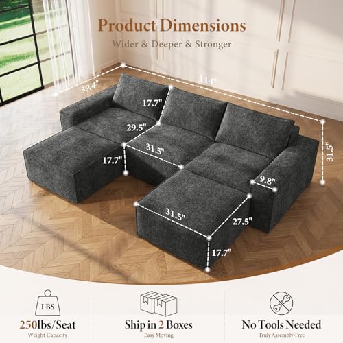Image of Vesgantti 114 inch Boneless Modular Sectional Sofa, Modern U Shaped 5 Seater Couch with 2 Ottoman & Deep Seat, Convertible Chenille Cloud Couches for Living Room, No Assembly Required, Dark Grey