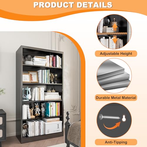 Image of VASAAOSD 55 inch Black Bookshelf, 5 Tier Adjustable Metal Bookcase | Adjustable Design, Anti-Tilt Device, Easy Assembly Toy Storage Organizer, for Bedroom, Study, Office, Classroom