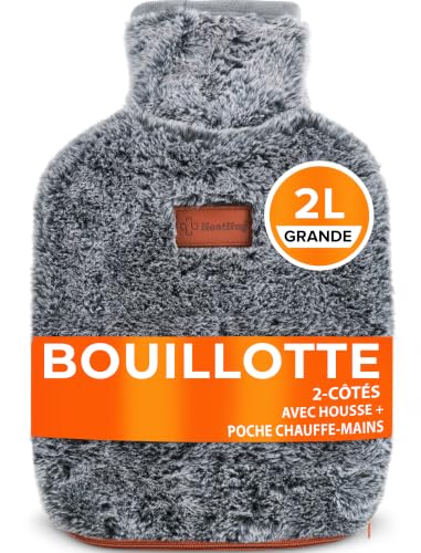 Bouillotte Avec Housse 2L – Bouillotte Adulte Pour Soulager Les Douleurs Des Règles, Endométriose, Crampes, Ultra Douce Fausse Fourrure, Double Face, Poches Mains, Caoutchouc Épais Anti-Fuite