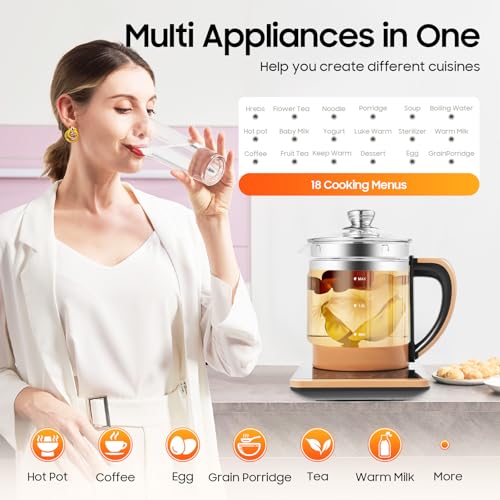 Electric Kettle 1.8L 800W Glass Tea Maker, Multifunction Health Pot with 12 Brewing Modes, 24H Reservation Timer 304 Stainless Steel Heating Plate for Hot Water Boiling Tea Coffee Soup - Image 2