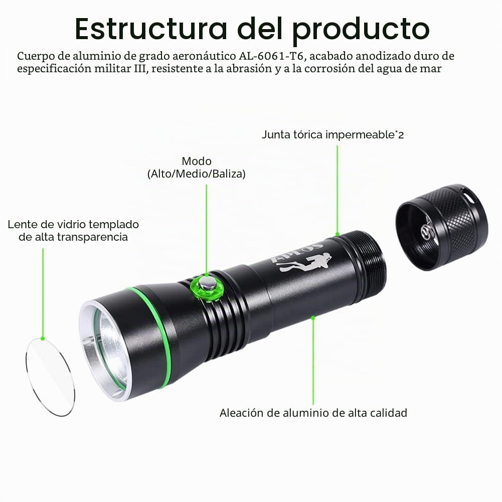 APLOS AP30 3000lm linterna de buceo con indicador de potencia, IPX8 impermeable profesional recargable luz de buceo