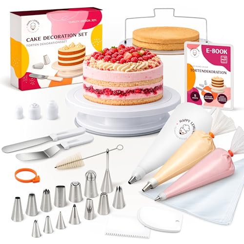 Happy Lemuro Torten Zubehör Set mit Premium Spritztüllen & Spritzbeutel | Tortenplatte drehbar, Tortenschneider und vielseitiges Backzubehör - Kuchen Zubehör Set für Anfänger und Fortgeschrittene