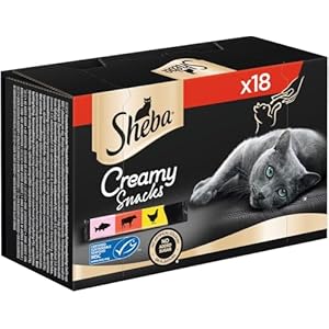 SHEBA Katzensnacks – 18x12g – 18 praktische Katzenleckerlis – in den Varietäten Huhn, Lachs und Rind – 1 Packung